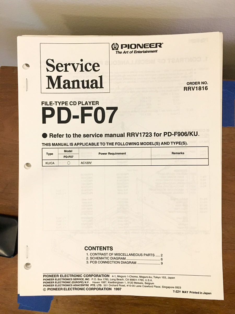 Pioneer PD-F07 CD Player Service Manual *Original*