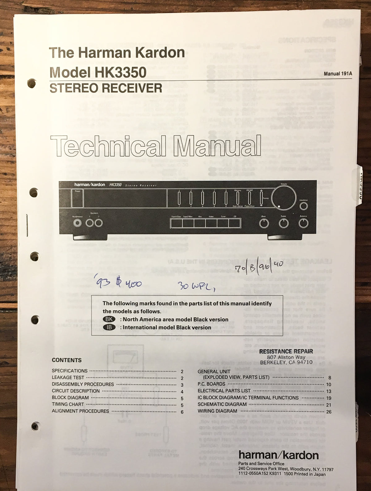 Harman Kardon HK3350 HK3350 Receiver Service Manual *Original*