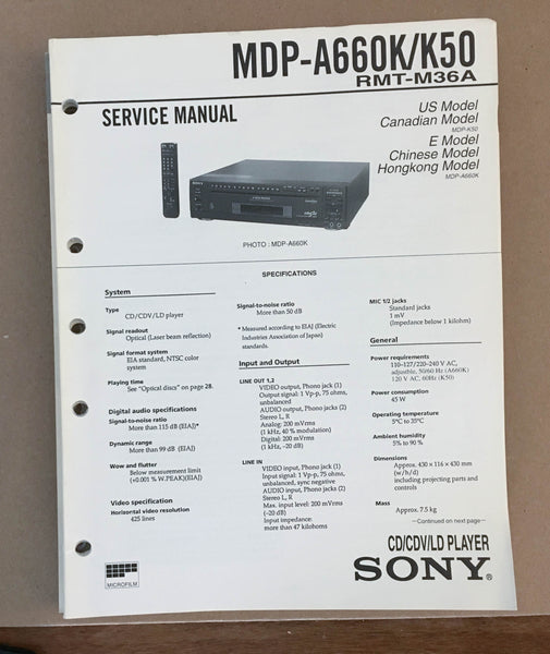 Sony MDP-700 CD CDV LD PLAYER  Service Manual *Original*