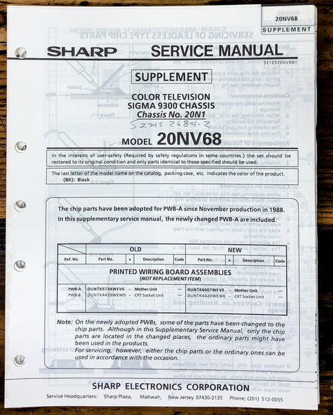 Sharp 20NV68 TV / Television Service Manual Supp. *Original*