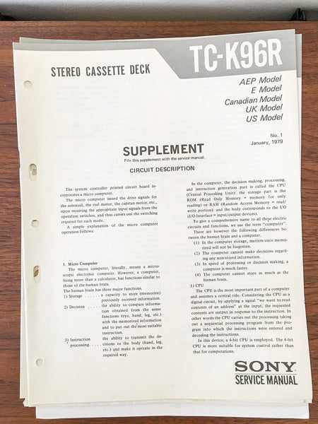 Sony TC-K96R Cassette Service Manual SUPPLEMENT 1 *Original*