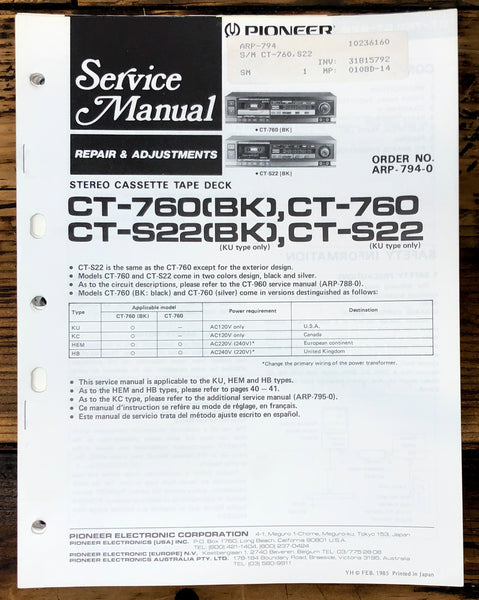 Pioneer CT-S22 CT-760 Cassette Service Manual *Original*