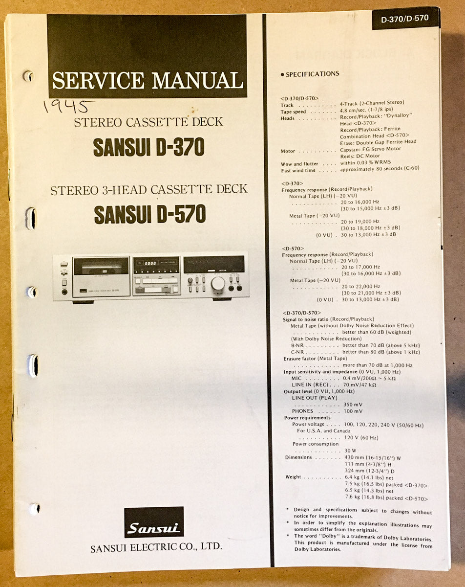Sansui D-370 D-570 Cassette / Tape Player Service Manual *Original*