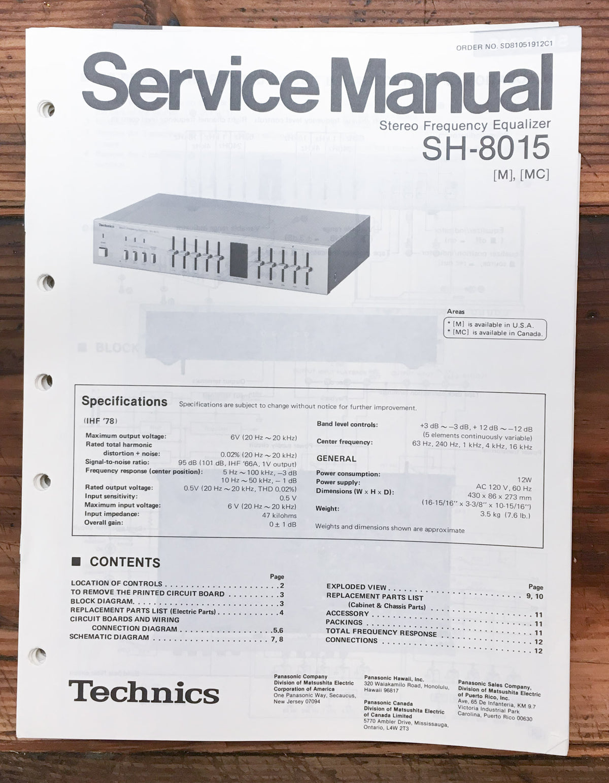 Technics SH-8015 Equalizer  Service Manual *Original*