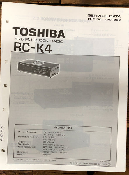 Toshiba RC-K4 Clock Radio  Service Manual *Original*