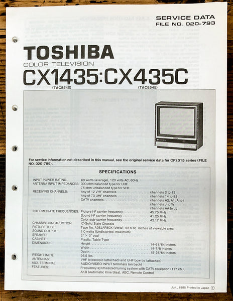 Toshiba CX1435 CX435C TV Television Service Manual *Original*