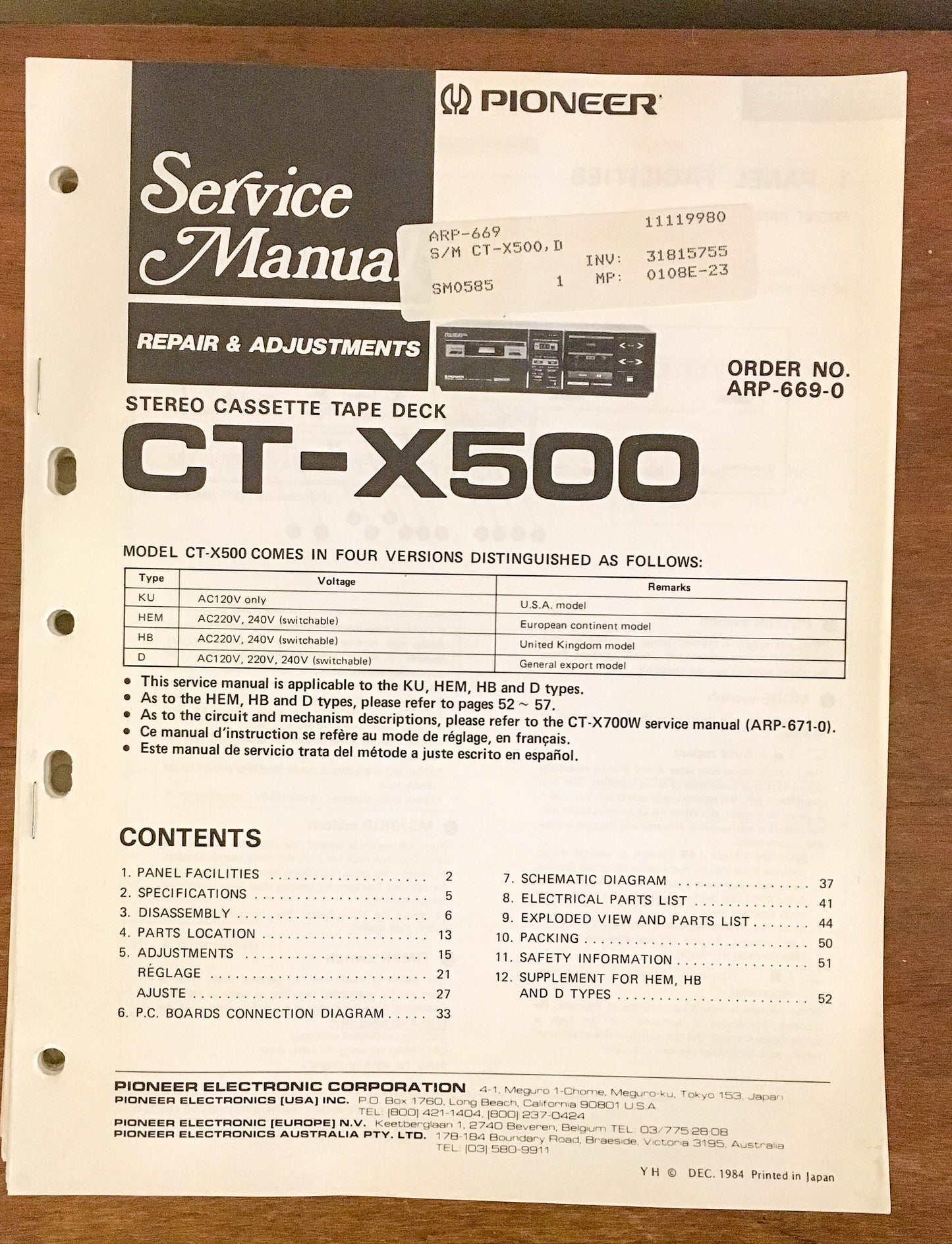 Pioneer CT-X500 Cassette Deck  Service Manual *Original*