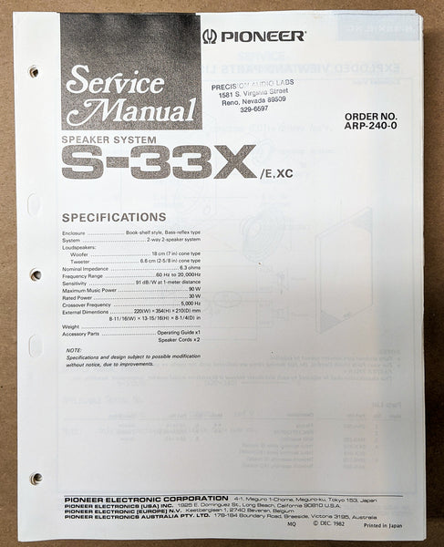 Pioneer S-33X Speaker Service Manual *Original*