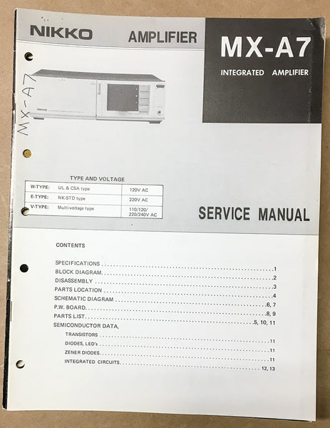 Nikko MX-A7 Integrated Amplifier Service Manual *Original*