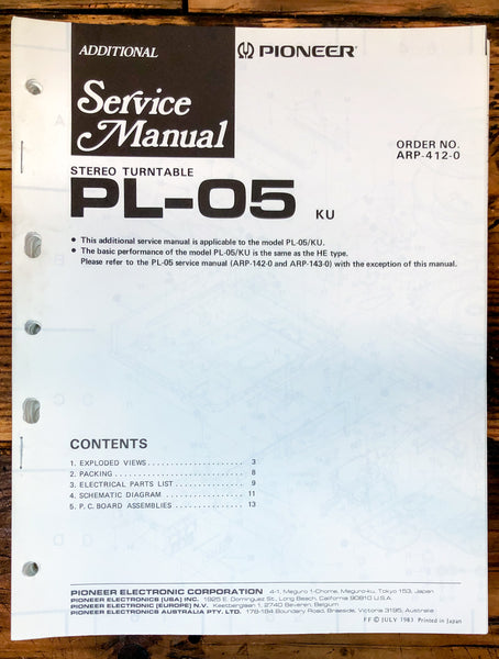 Pioneer PL-05 Record Player / Turntable Add. Service Manual *Original*