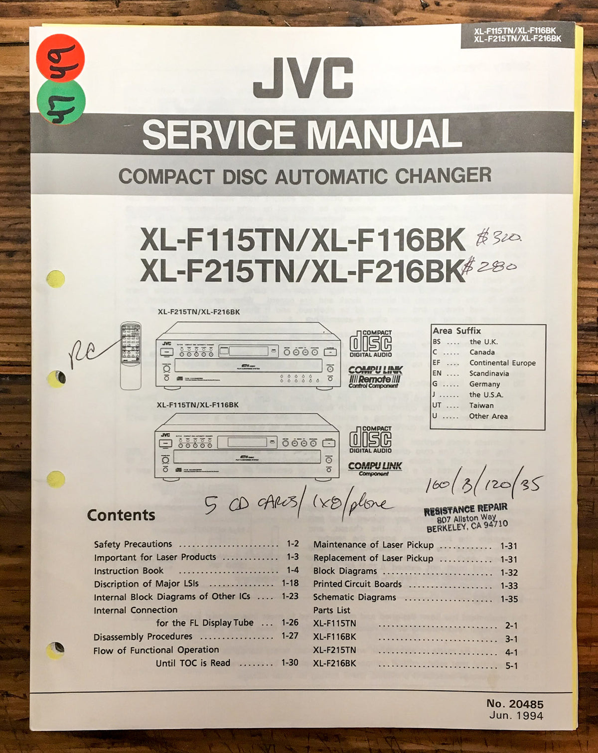 JVC XL-F115TN -F116 -F215TN -F216 CD Player  Service Manual *Original*
