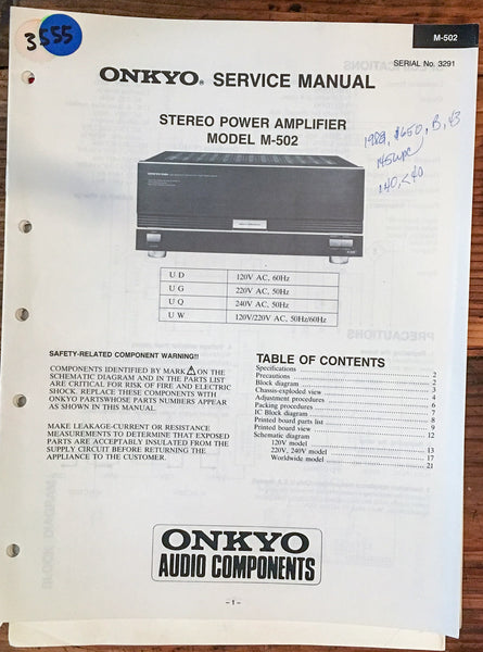 Onkyo M-502 Amplifier  Service Manual *Original*