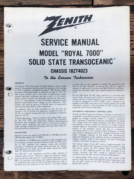 Zenith Model Royal 7000 Transoceanic Radio  Service Manual *Original*