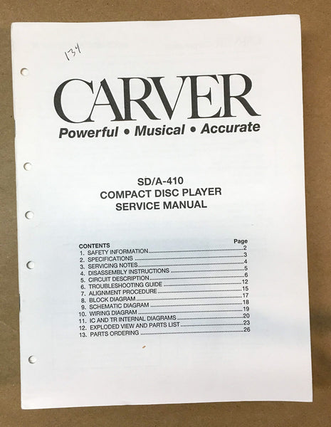 Carver SD/A-410 CD Player  Service Manual *Original*