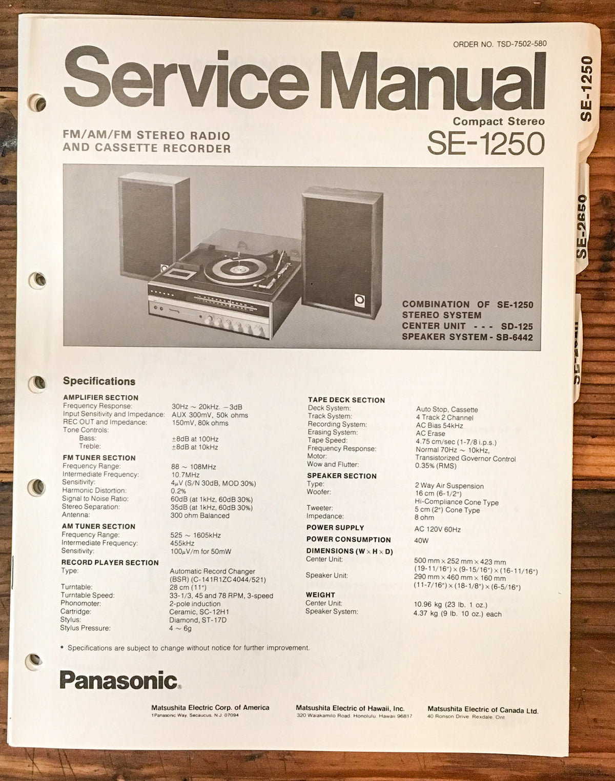 Panasonic SE-1250 Stereo  Service Manual *Original*