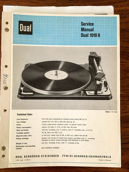 Dual 1010A 1010 A Record Player / Turntable Service Manual *Original*