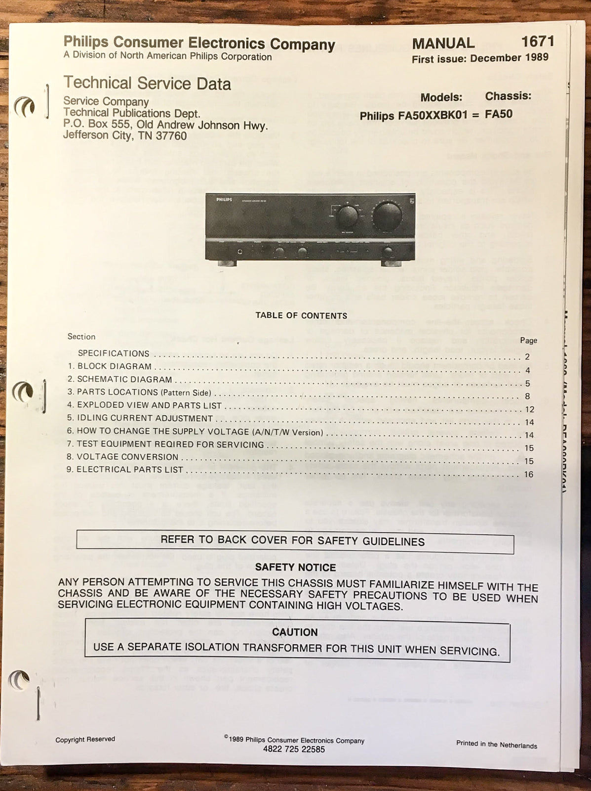 Philips FA-50 Amplifier  Service Manual *Original*