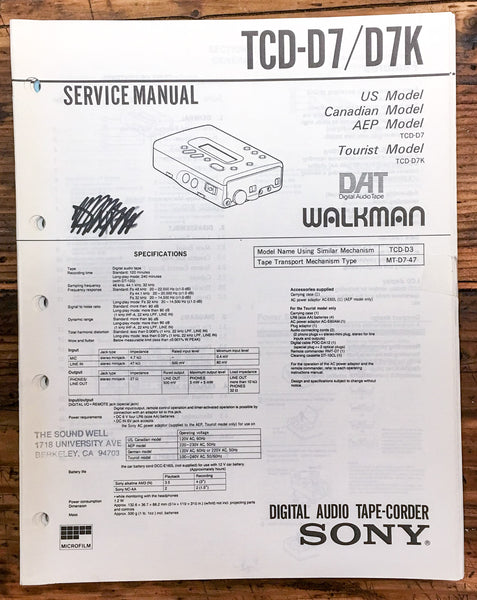 Sony TCD-D7 TCD-D7K Cassette Player  Service Manual *Original* #2