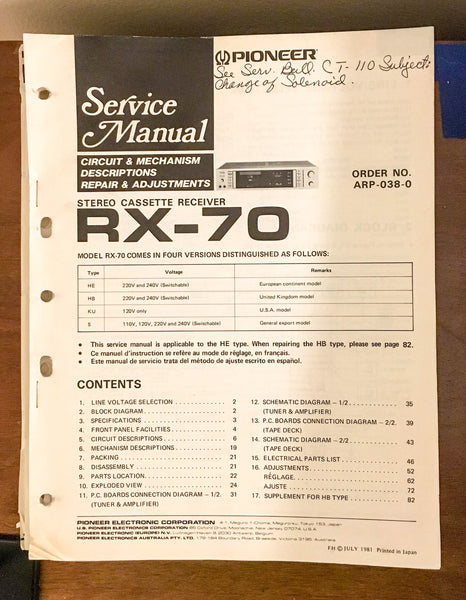 Pioneer RX-70 Cassette Receiver Service Manual *Original* #2
