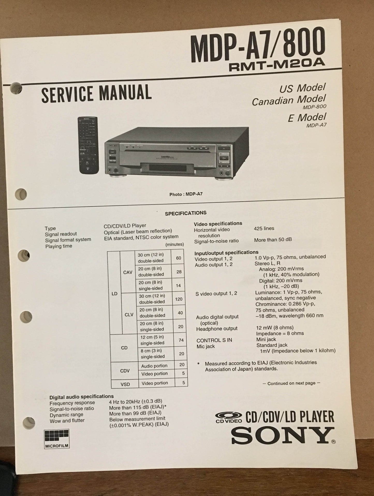 Sony MDP-A7 MDP-800 CD CDV LD Player  Service Manual *Original*
