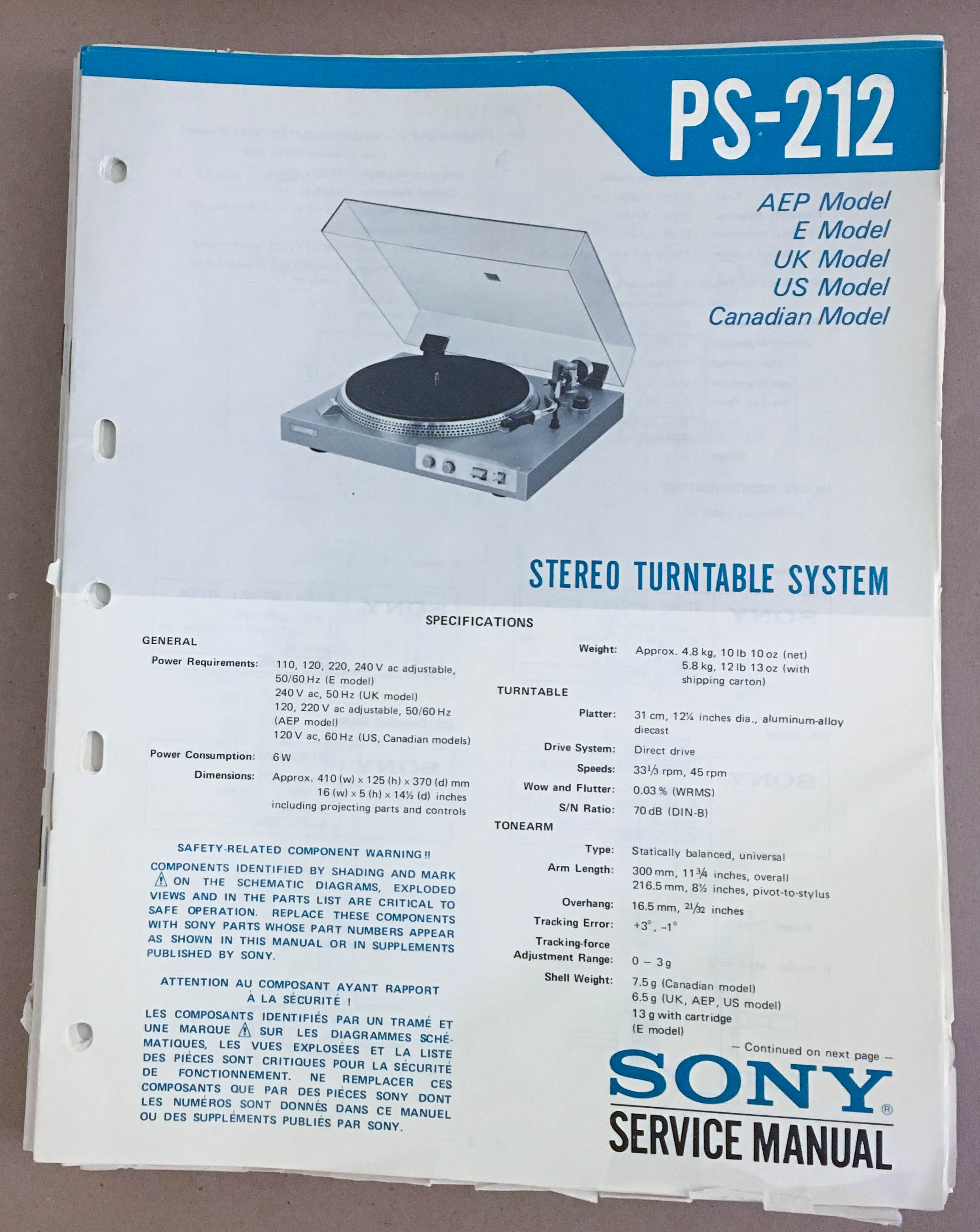 Sony PS212 Turntable Record Player Service Manual *Original* Vintage