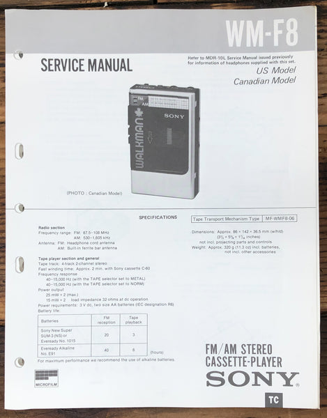 Sony WM-F8 Cassette Player  Service Manual *Original*