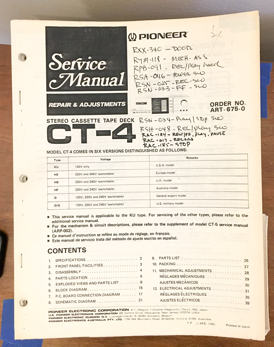 Pioneer CT-4 Cassette  Service Manual *Original*