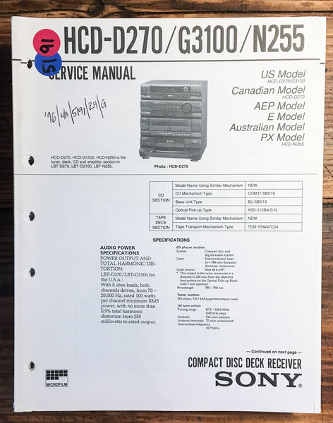 Sony HCD-D270 HCD-G3100 HCD-N255 Stereo  Service Manual *Original*