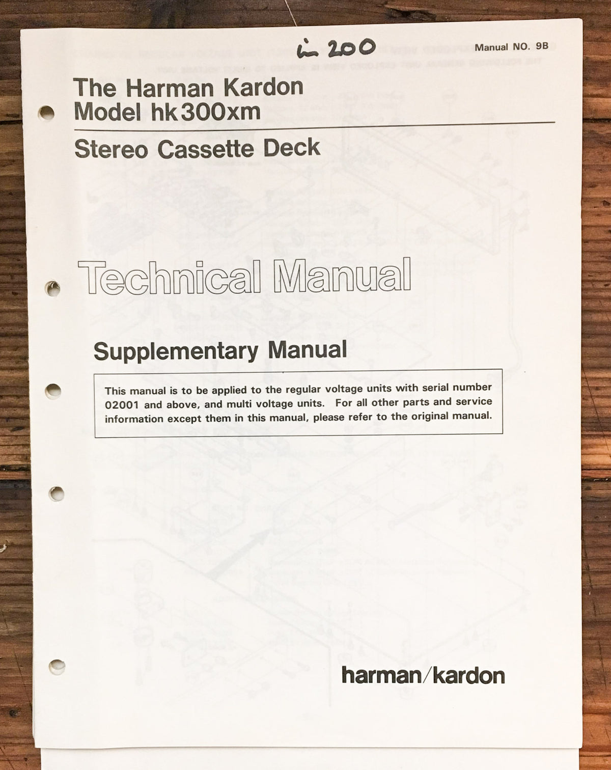 Harman Kardon HK300XM HK-300XM Cassette  Suppl. Service Manual *Original*