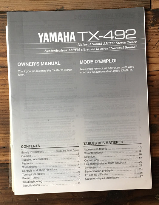 Yamaha TX-492 Tuner Owner / User Manual *Original*