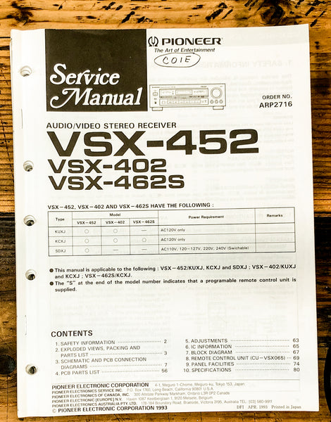 Pioneer VSX-452 VSX-402 VSX-462S Receiver Service Manual *Original*