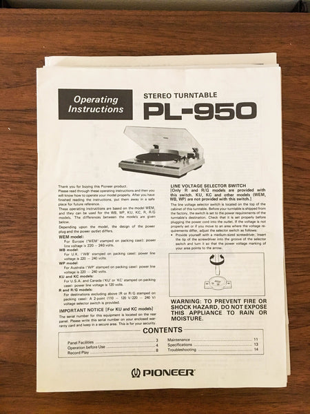 Pioneer PL-990 Record Player / Turntable Owners Manual *Original*