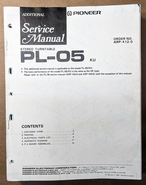 Pioneer PL-05 Turntable Additional Service Manual *Original*