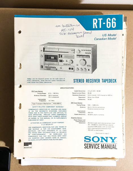 Sony RT-66 Receiver Tape Deck  Service Manual *Original*