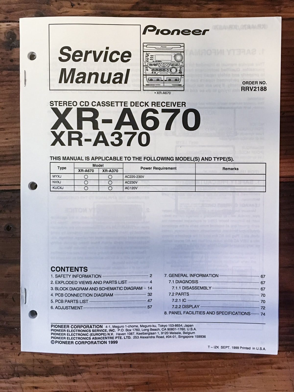 Pioneer XR-A670 XR-A370 Receiver Service Manual *Original*