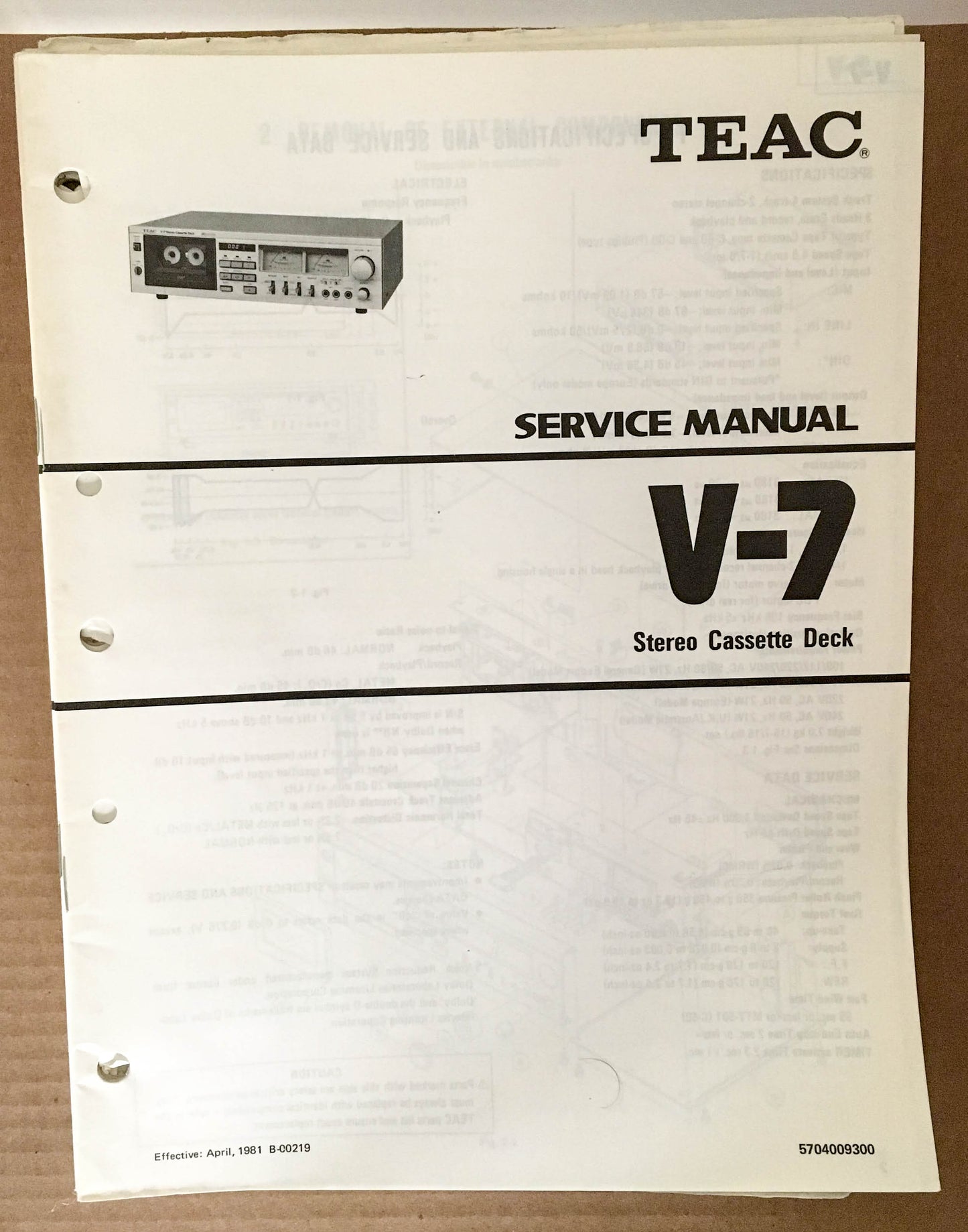 Teac V-7 Stereo Cassette Deck Service Manual *Original*