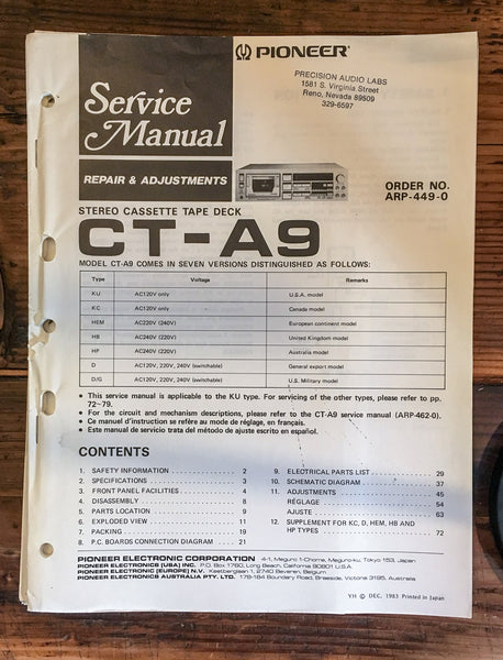 Pioneer CT-A9 Cassette Service Manual *Original*