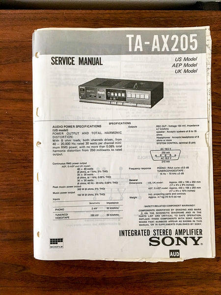 Sony TA-AX205 Amplifier Service Manual *Original*