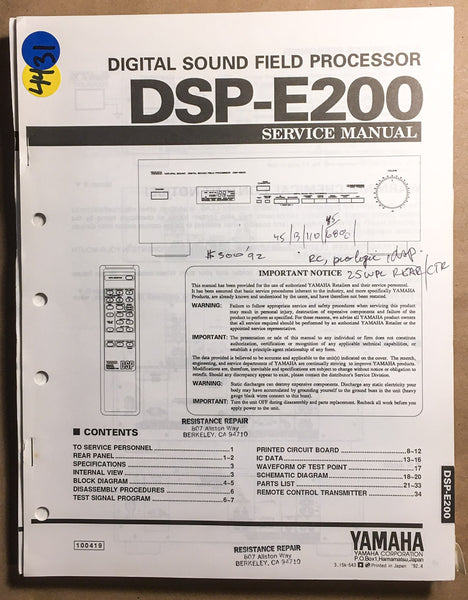 Yamaha DSP-E200 Digital Processor  Service Manual *Original*