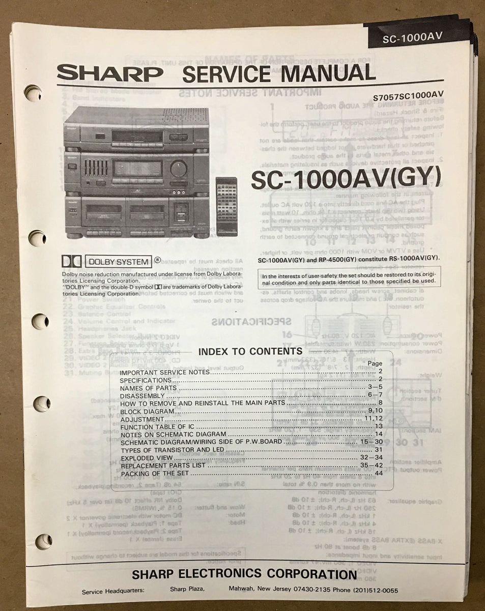 Sharp SC-1000 AV SC-1000AV Radio / Stereo Service Manual *Original*