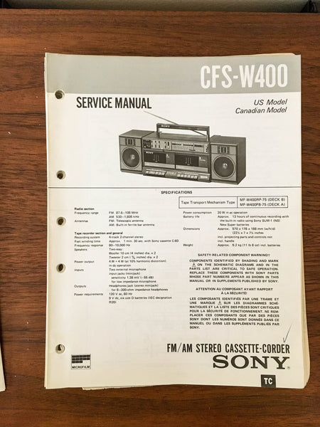 Sony CFS-W400 Boombox / Radio Service Manual *Original*