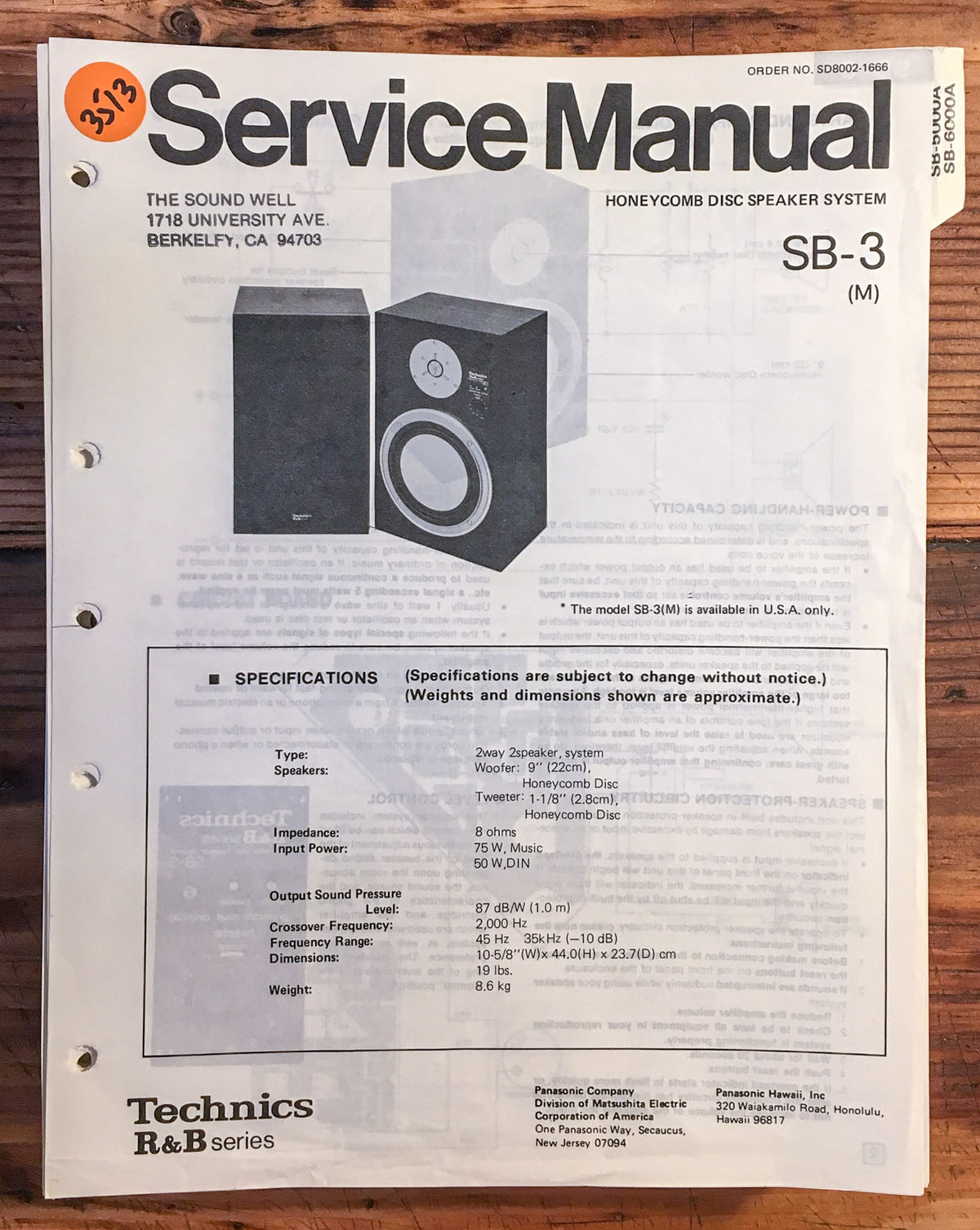 Technics SB-3 Speaker  Service Manual *Original*