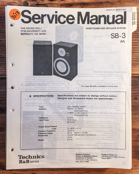 Technics SB-3 Speaker  Service Manual *Original*