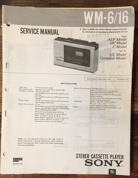 Sony WM-6 WM-16 Cassette Service Manual *Original*