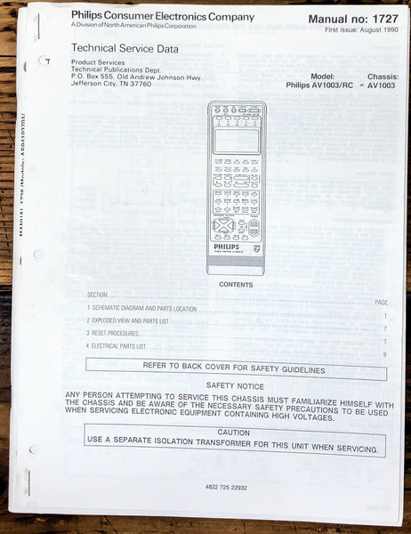 Philips / Marantz AV1003 Remote Control Service Manual *Original*