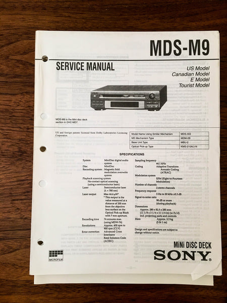 Sony MDS-M9 MD Mini Disc Service Manual *Original*