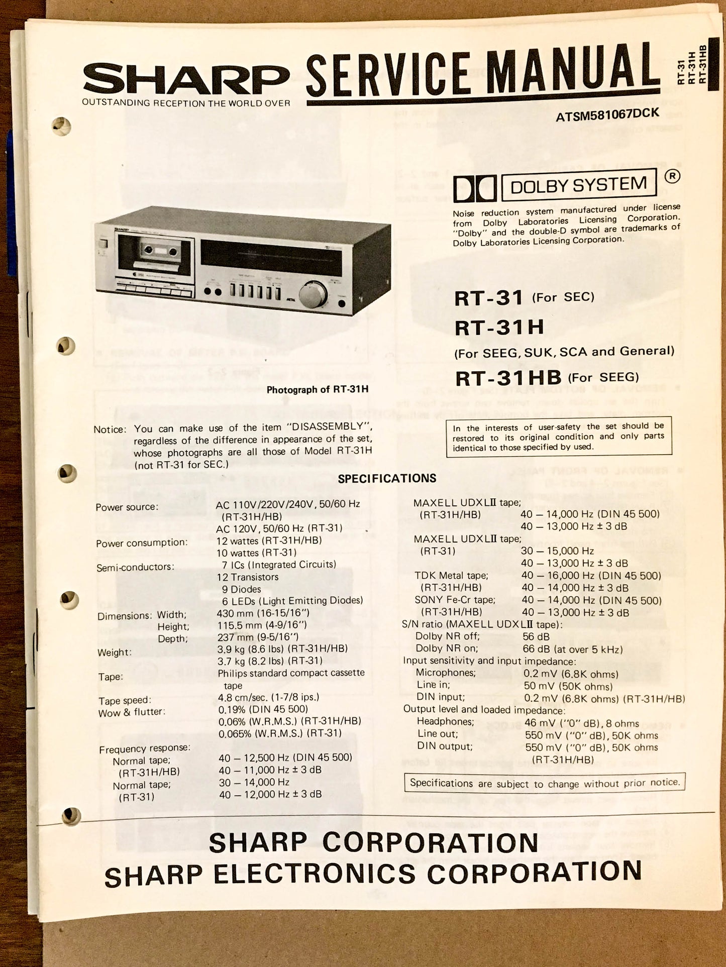 Sharp RT-31 RT-31 H B Cassette Deck  Service Manual *Original*