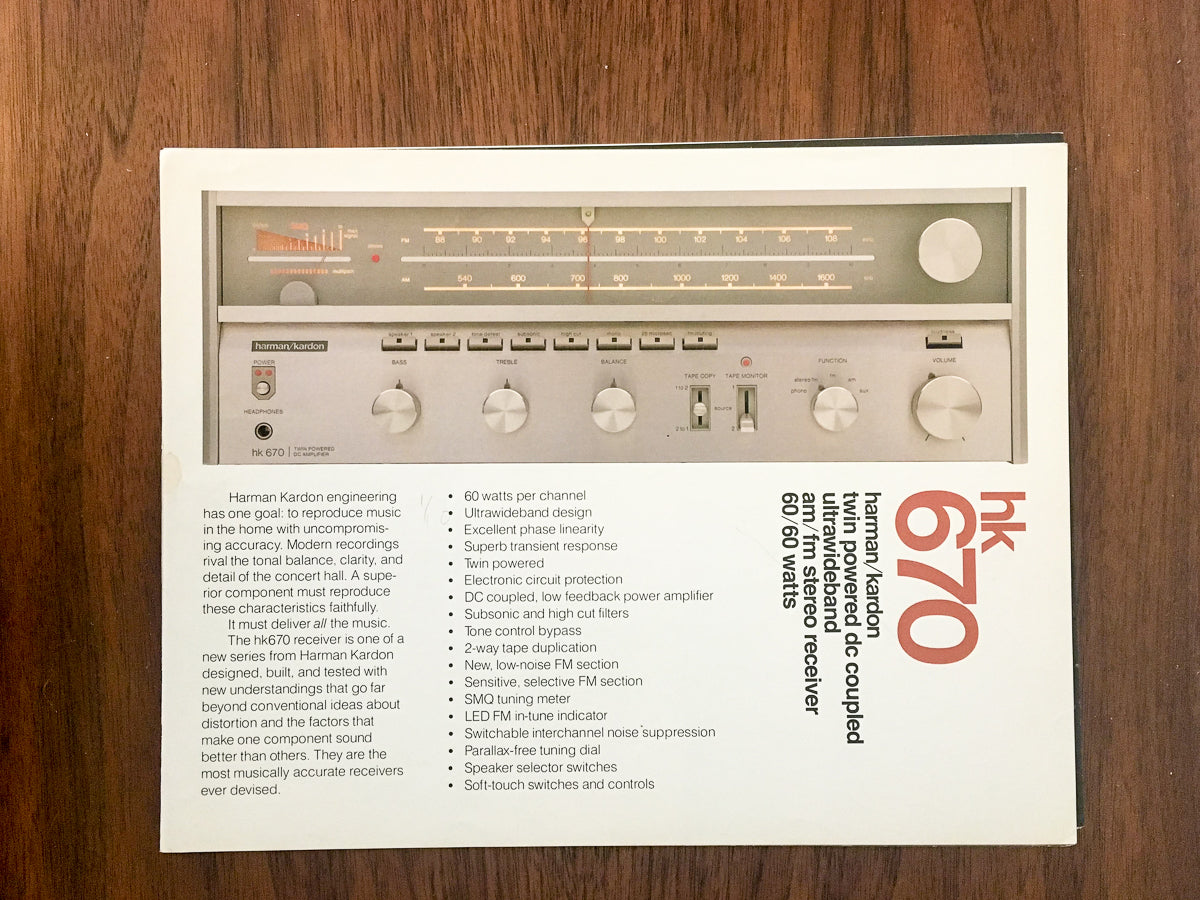Harman Kardon Model HK 670 Receiver Dealer Sales Sheet / Specs *Original*