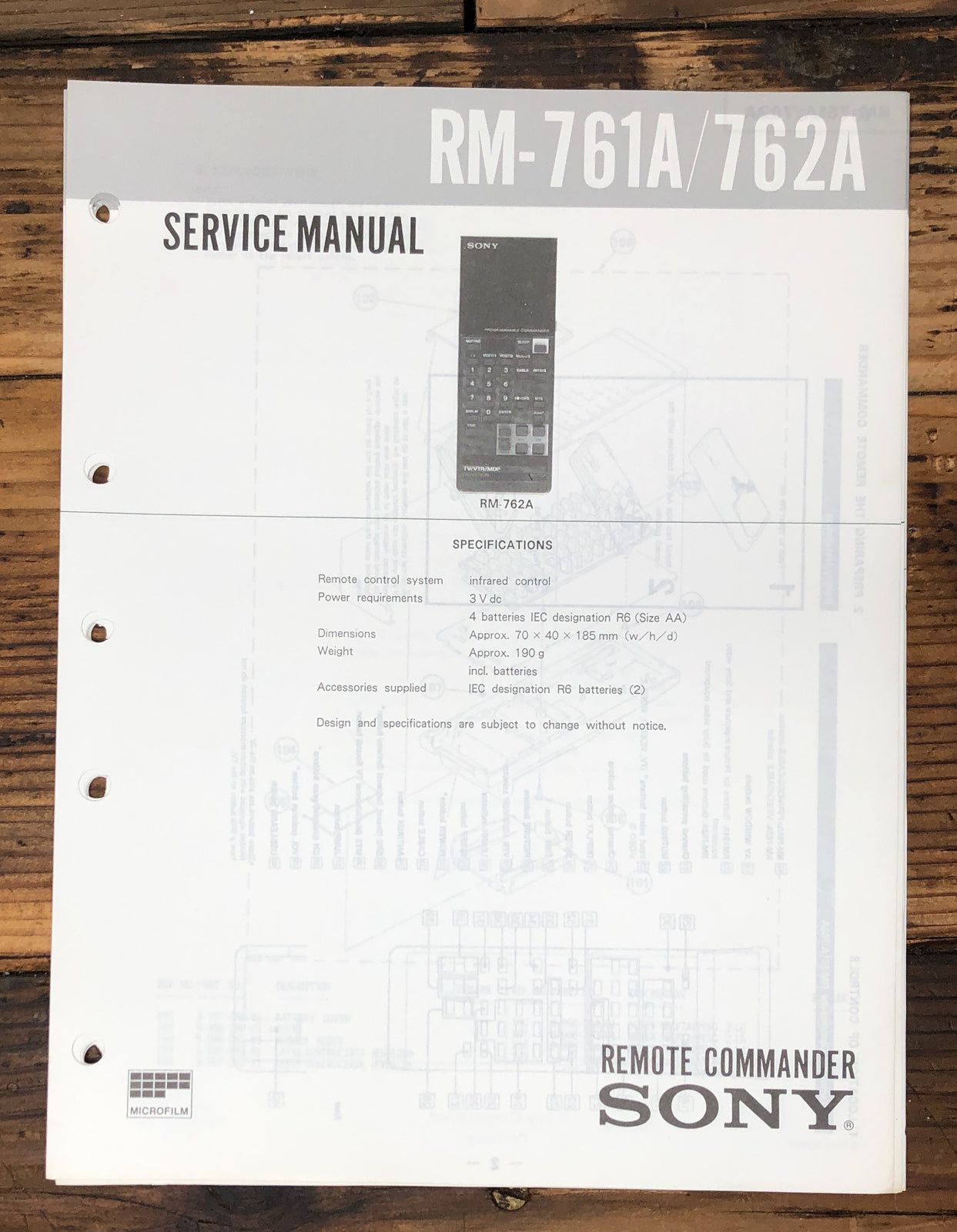 Sony RM-761A RM-762A Remote Control  Service Manual *Original*