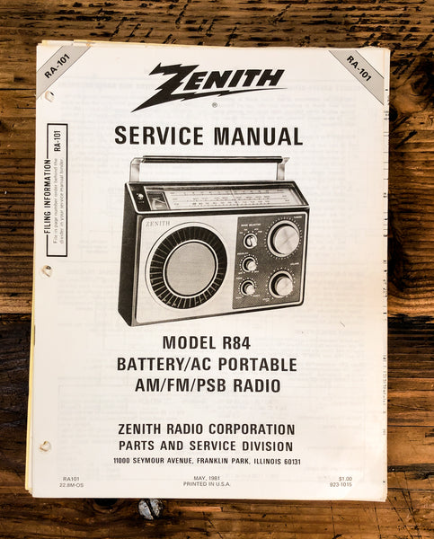 Zenith R84 Radio  Service Manual *Original*